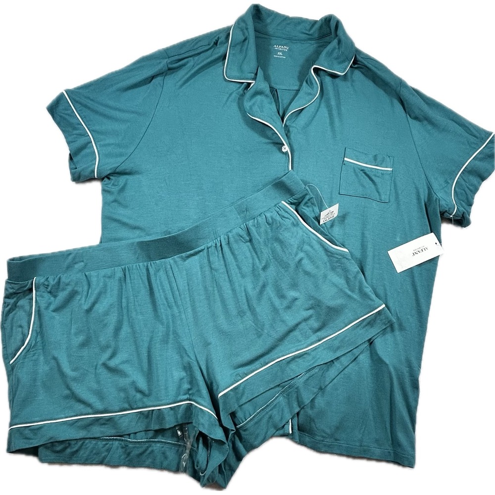 Alfani Intimates Womens XXL Pajama Set Teal Green Button Down Top & Shorts